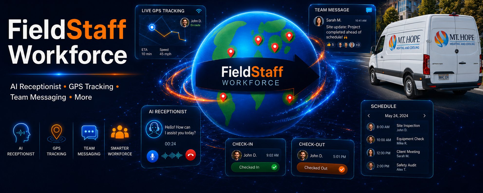 FieldStaff Workforce — AI Receptionist, GPS tracking, team messaging, live scheduling, and digital daily logs for field service teams
